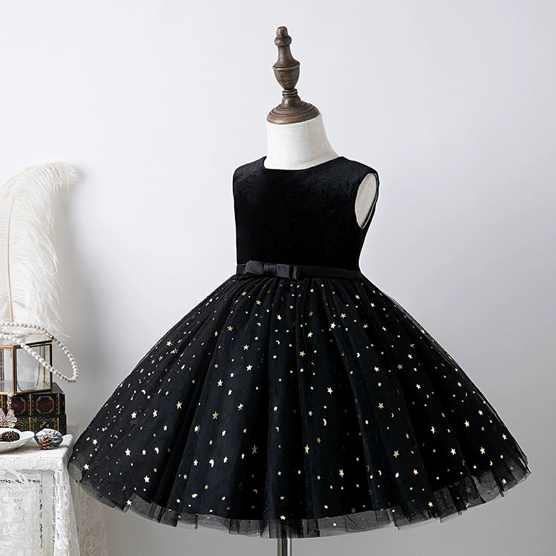 Princess Black Tulle Back Zip Baptism Sequins Tea Length Sleeveless Round Flower Girl Dress