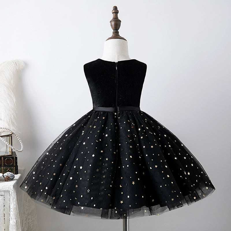 Princess Black Tulle Back Zip Baptism Sequins Tea Length Sleeveless Round Flower Girl Dress