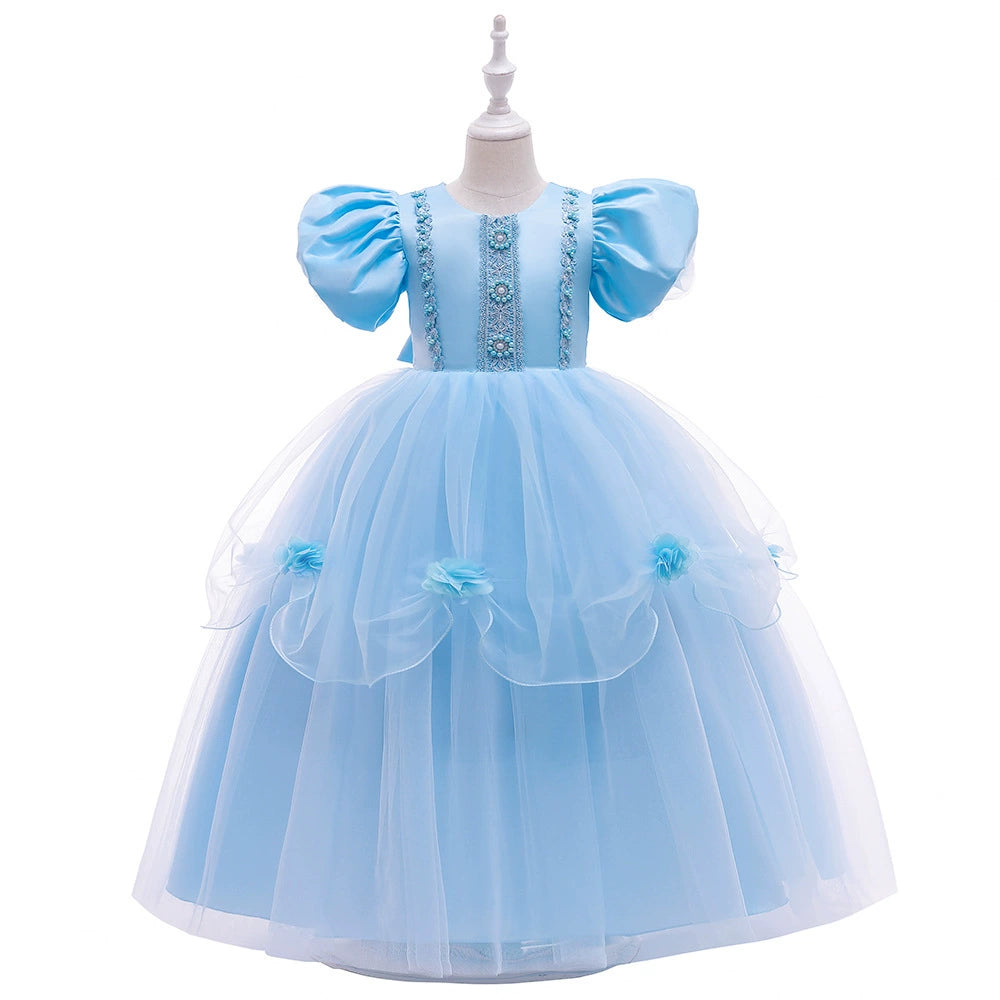 Princess Blue Lace Back Zip Baptism Lace Floor Length Short Sleeve Puff Sleeve Round Flower Girl Dress