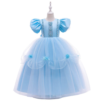 Princess Blue Lace Back Zip Baptism Lace Floor Length Short Sleeve Puff Sleeve Round Flower Girl Dress