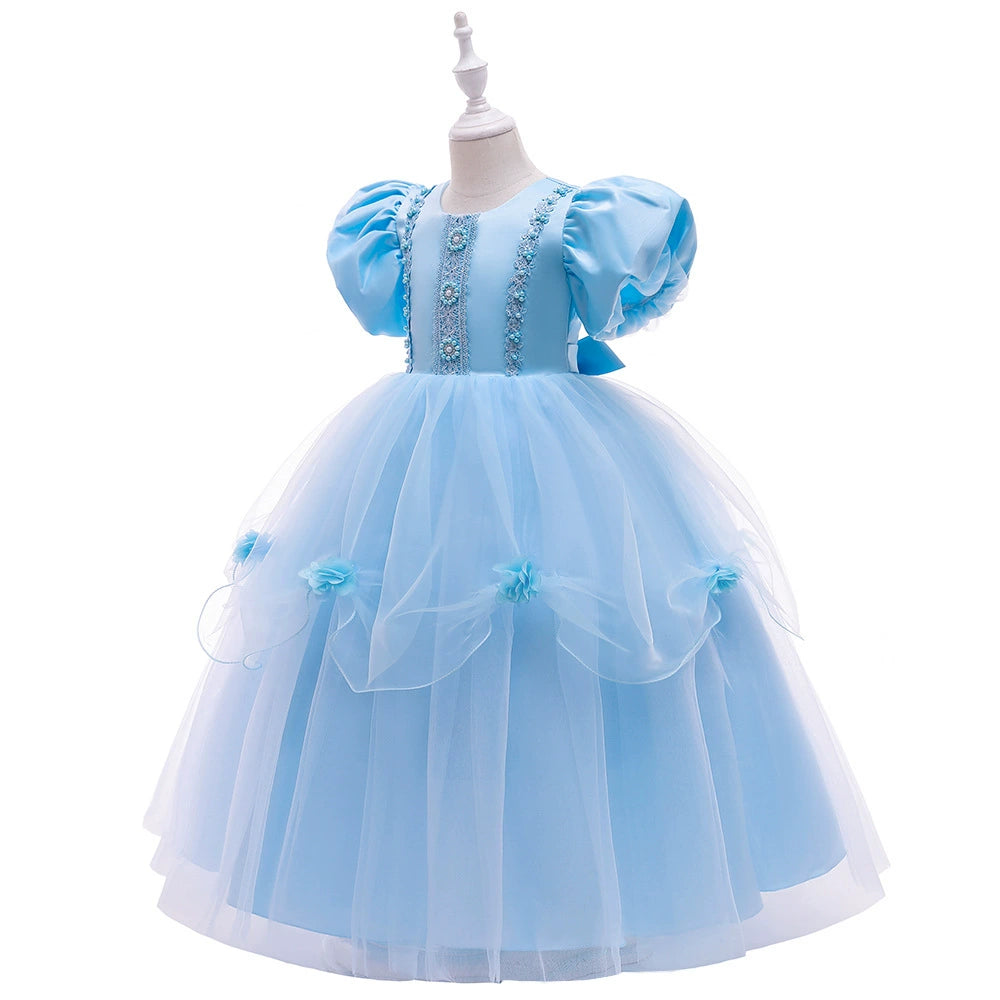 Princess Blue Lace Back Zip Baptism Lace Floor Length Short Sleeve Puff Sleeve Round Flower Girl Dress