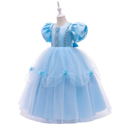 Princess Blue Lace Back Zip Baptism Lace Floor Length Short Sleeve Puff Sleeve Round Flower Girl Dress