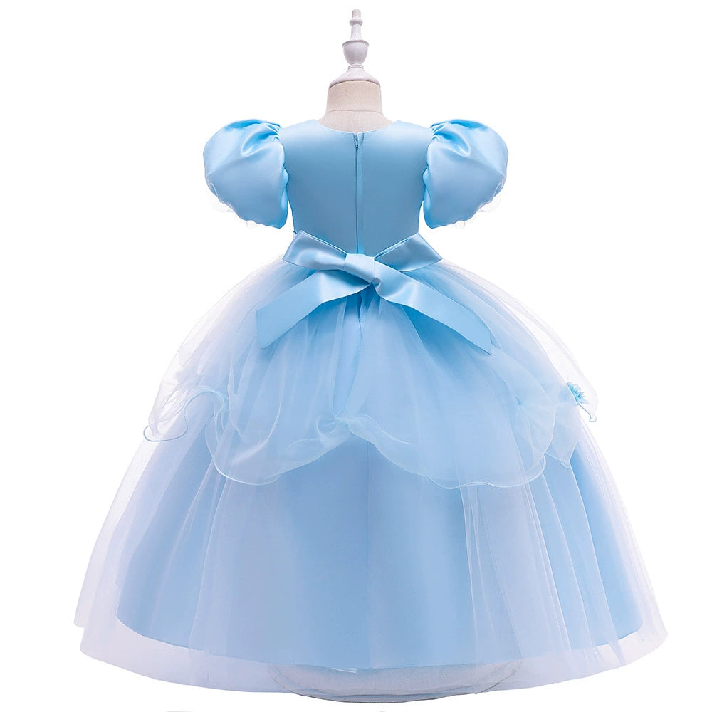 Princess Blue Lace Back Zip Baptism Lace Floor Length Short Sleeve Puff Sleeve Round Flower Girl Dress