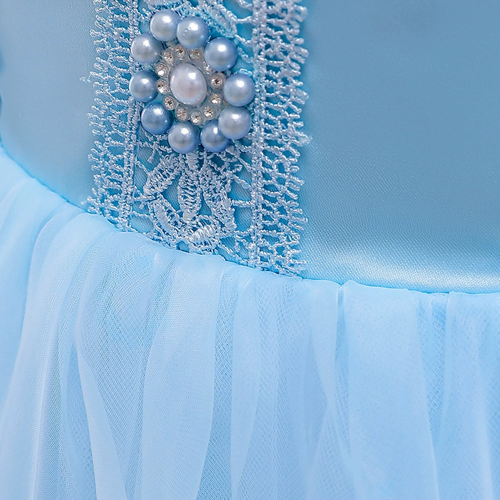 Princess Blue Lace Back Zip Baptism Lace Floor Length Short Sleeve Puff Sleeve Round Flower Girl Dress