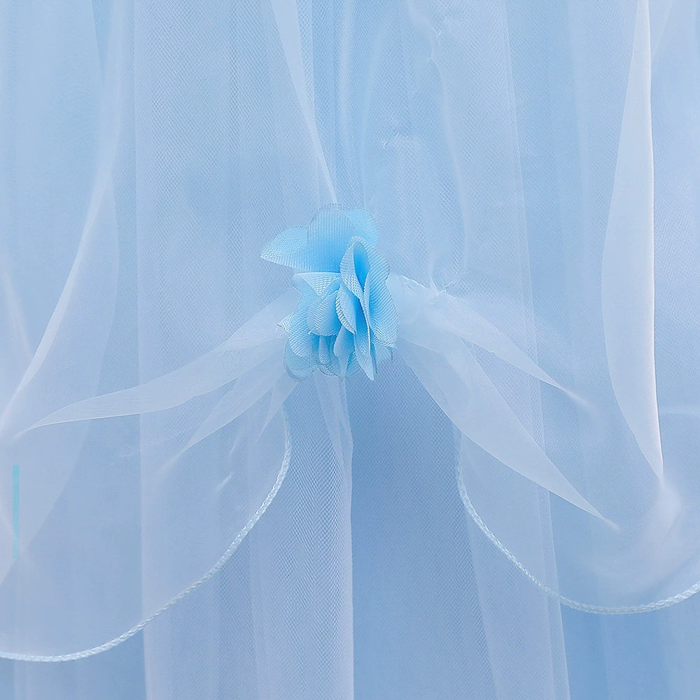 Princess Blue Lace Back Zip Baptism Lace Floor Length Short Sleeve Puff Sleeve Round Flower Girl Dress