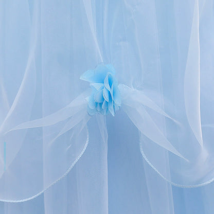 Princess Blue Lace Back Zip Baptism Lace Floor Length Short Sleeve Puff Sleeve Round Flower Girl Dress