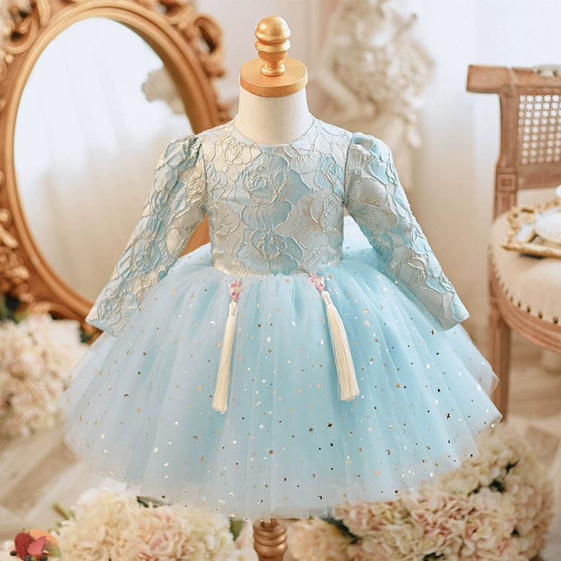 Princess Blue Lace Back Zip Baptism Lace Tea Length Long Sleeve Round Flower Girl Dress
