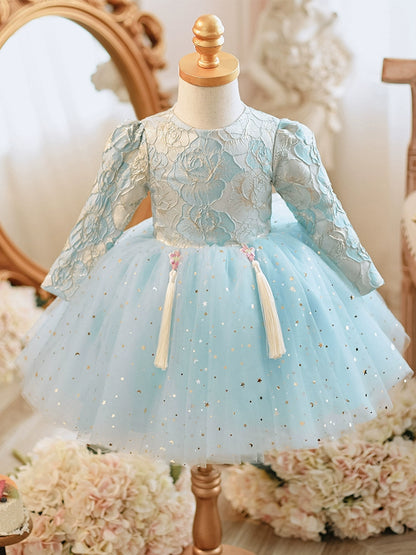 Princess Blue Lace Back Zip Baptism Lace Tea Length Long Sleeve Round Flower Girl Dress