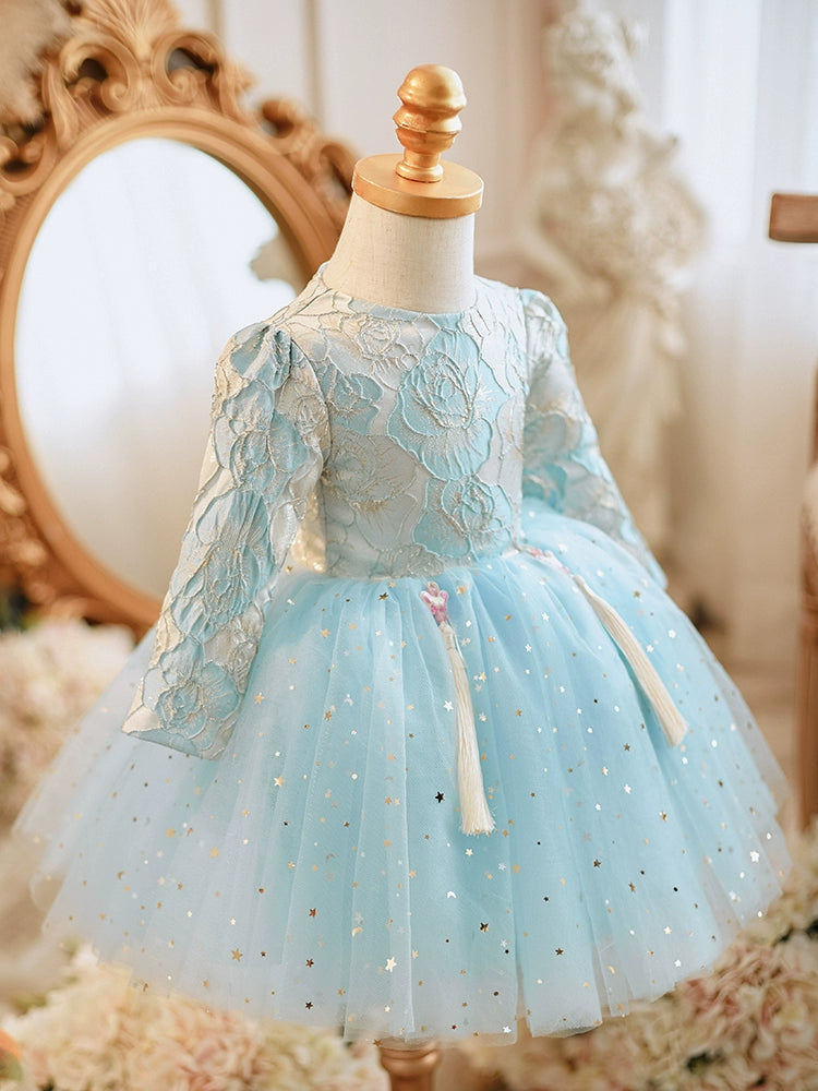 Princess Blue Lace Back Zip Baptism Lace Tea Length Long Sleeve Round Flower Girl Dress