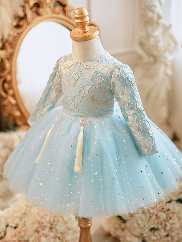 Princess Blue Lace Back Zip Baptism Lace Tea Length Long Sleeve Round Flower Girl Dress