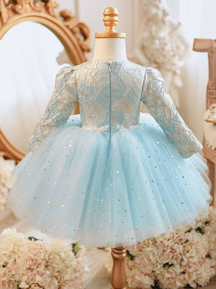 Princess Blue Lace Back Zip Baptism Lace Tea Length Long Sleeve Round Flower Girl Dress