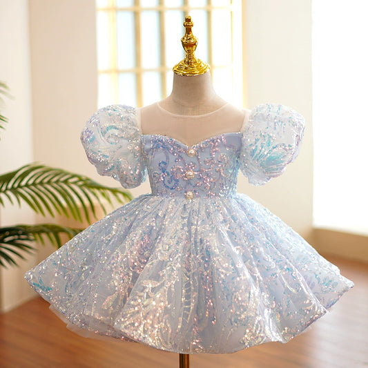 Princess Blue Organza Back Zip Baptism Sequins Tea Length Short Sleeve Puff Sleeve Round Flower Girl Dress