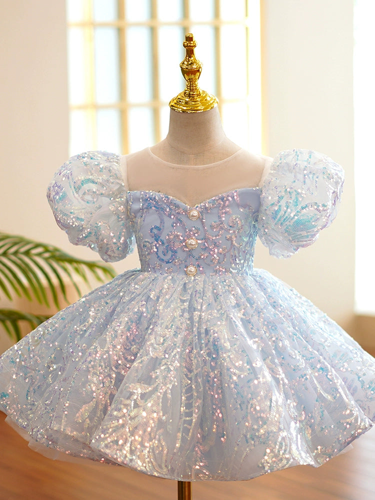 Princess Blue Organza Back Zip Baptism Sequins Tea Length Short Sleeve Puff Sleeve Round Flower Girl Dress