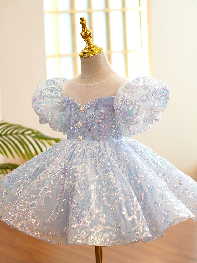 Princess Blue Organza Back Zip Baptism Sequins Tea Length Short Sleeve Puff Sleeve Round Flower Girl Dress