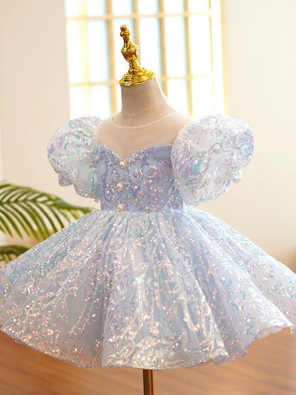 Princess Blue Organza Back Zip Baptism Sequins Tea Length Short Sleeve Puff Sleeve Round Flower Girl Dress