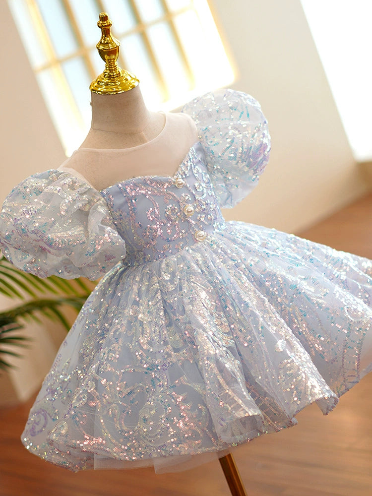 Princess Blue Organza Back Zip Baptism Sequins Tea Length Short Sleeve Puff Sleeve Round Flower Girl Dress
