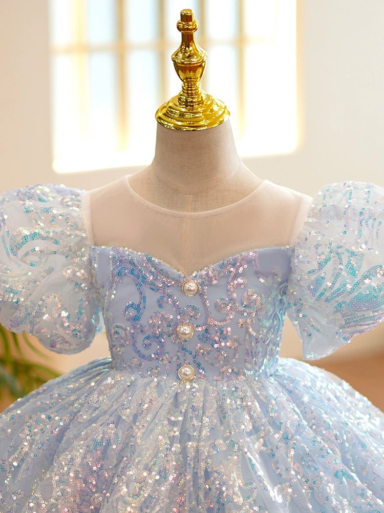Princess Blue Organza Back Zip Baptism Sequins Tea Length Short Sleeve Puff Sleeve Round Flower Girl Dress
