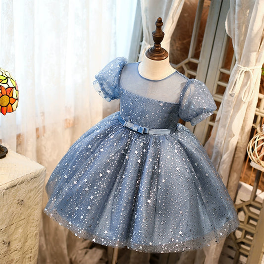 Princess Blue Organza Back Zip Baptism Sequins Tea Length Short Sleeve Puff Sleeve Round Flower Girl Dress