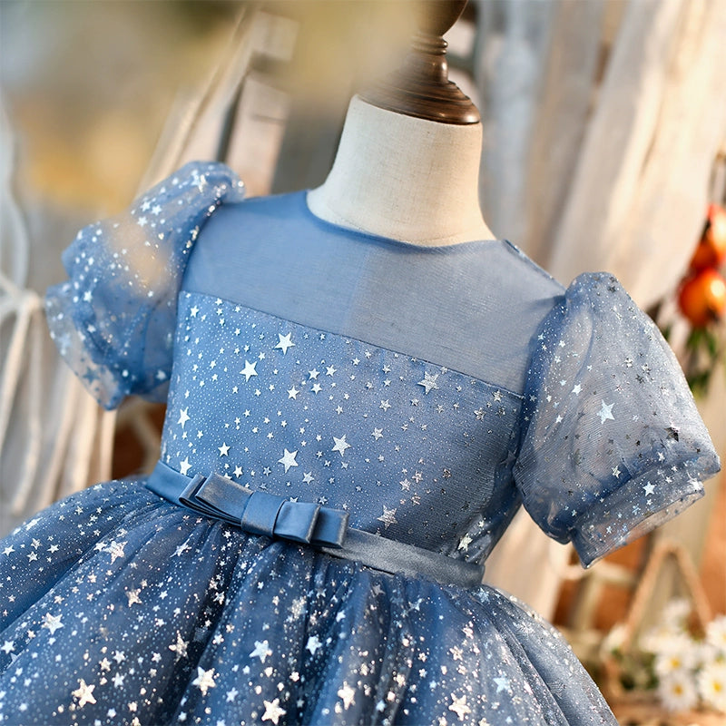 Princess Blue Organza Back Zip Baptism Sequins Tea Length Short Sleeve Puff Sleeve Round Flower Girl Dress