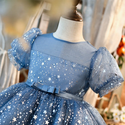 Princess Blue Organza Back Zip Baptism Sequins Tea Length Short Sleeve Puff Sleeve Round Flower Girl Dress
