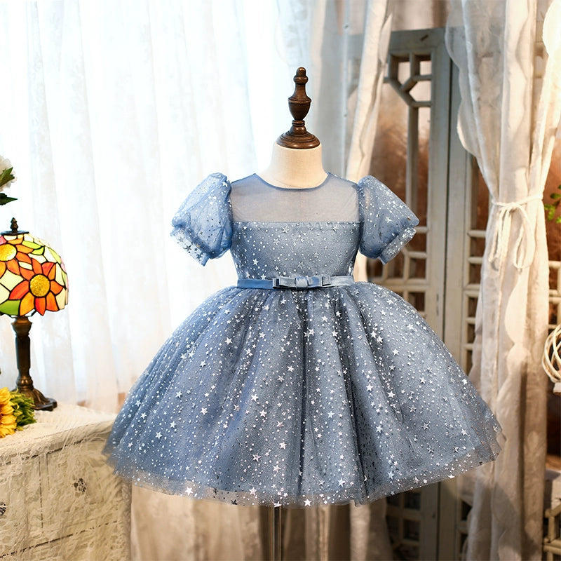 Princess Blue Organza Back Zip Baptism Sequins Tea Length Short Sleeve Puff Sleeve Round Flower Girl Dress