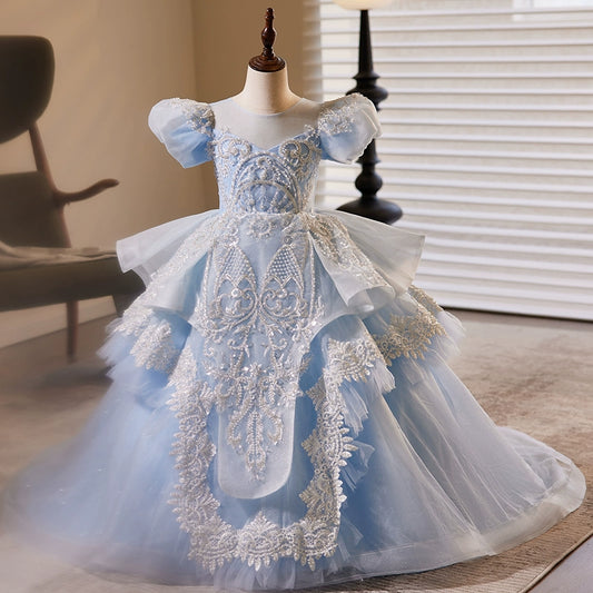 Princess Blue Organza Crossed Straps Baptism Lace Floor Length Short Sleeve Puff Sleeve Round Flower Girl Dress