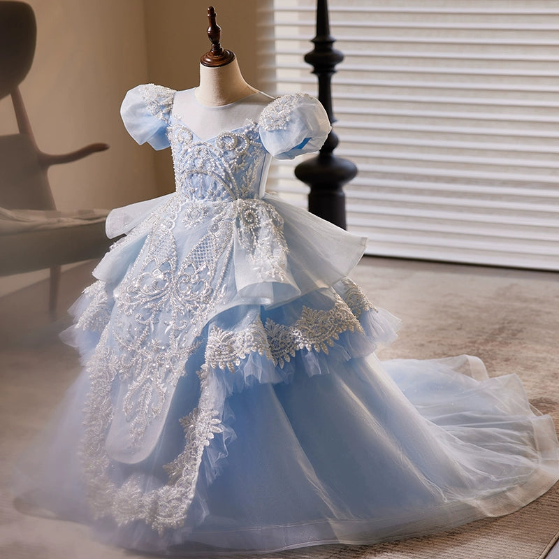 Princess Blue Organza Crossed Straps Baptism Lace Floor Length Short Sleeve Puff Sleeve Round Flower Girl Dress