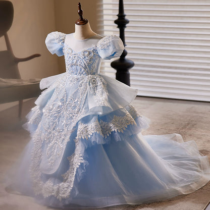 Princess Blue Organza Crossed Straps Baptism Lace Floor Length Short Sleeve Puff Sleeve Round Flower Girl Dress