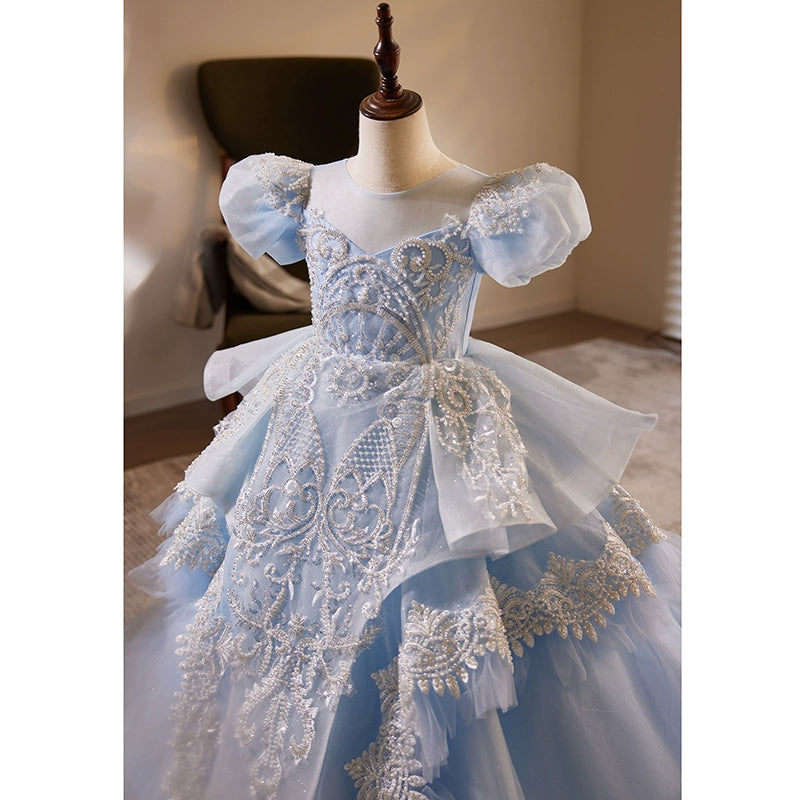 Princess Blue Organza Crossed Straps Baptism Lace Floor Length Short Sleeve Puff Sleeve Round Flower Girl Dress