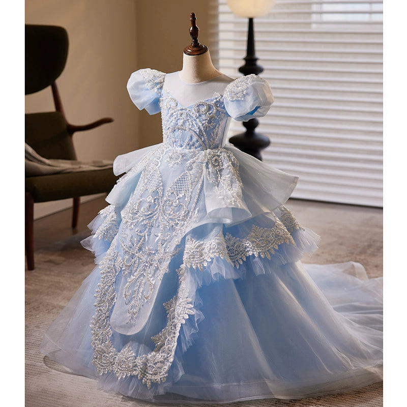 Princess Blue Organza Crossed Straps Baptism Lace Floor Length Short Sleeve Puff Sleeve Round Flower Girl Dress