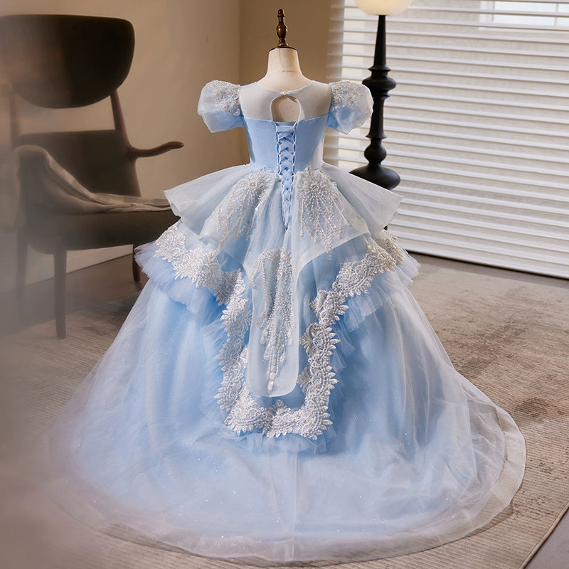 Princess Blue Organza Crossed Straps Baptism Lace Floor Length Short Sleeve Puff Sleeve Round Flower Girl Dress