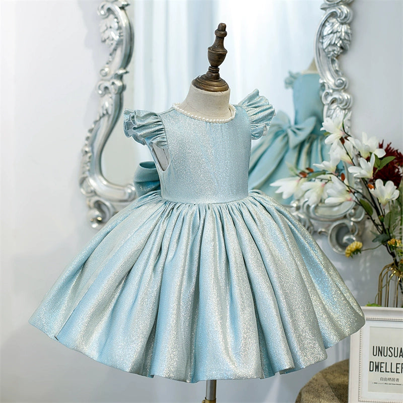 Princess Blue Satin Back Zip Baptism Bow(s) Tea Length Short Sleeve Cap Sleeve Jewel Neck Flower Girl Dress