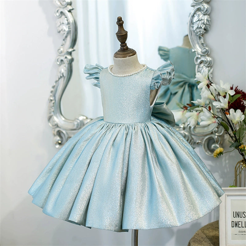 Princess Blue Satin Back Zip Baptism Bow(s) Tea Length Short Sleeve Cap Sleeve Jewel Neck Flower Girl Dress