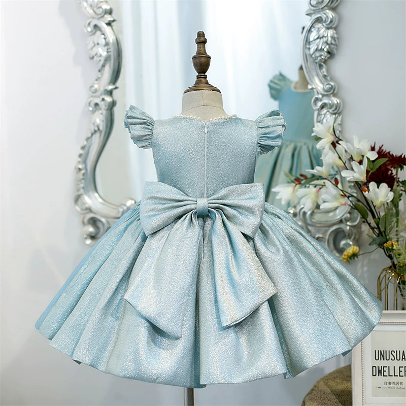 Princess Blue Satin Back Zip Baptism Bow(s) Tea Length Short Sleeve Cap Sleeve Jewel Neck Flower Girl Dress