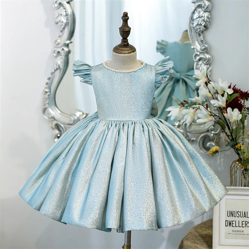 Princess Blue Satin Back Zip Baptism Bow(s) Tea Length Short Sleeve Cap Sleeve Jewel Neck Flower Girl Dress