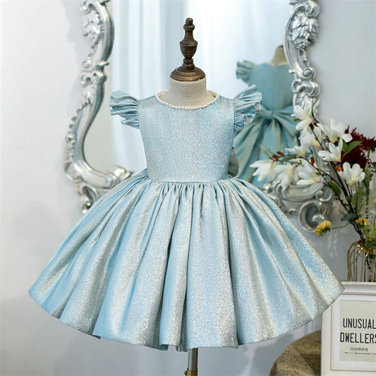 Princess Blue Satin Back Zip Baptism Bow(s) Tea Length Short Sleeve Cap Sleeve Jewel Neck Flower Girl Dress