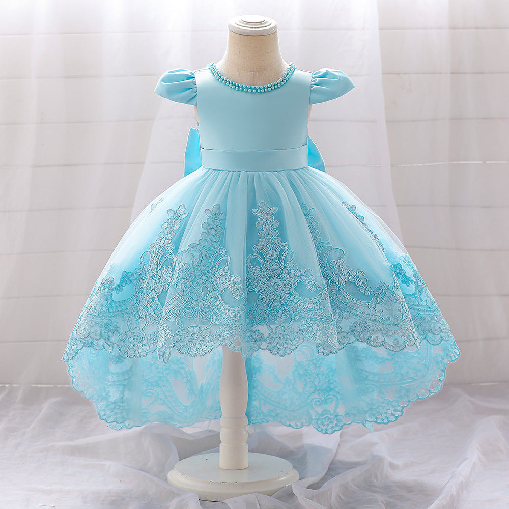 Princess Blue Satin Back Zip Baptism Lace Tea Length Short Sleeve Cap Sleeve Jewel Neck Flower Girl Dress