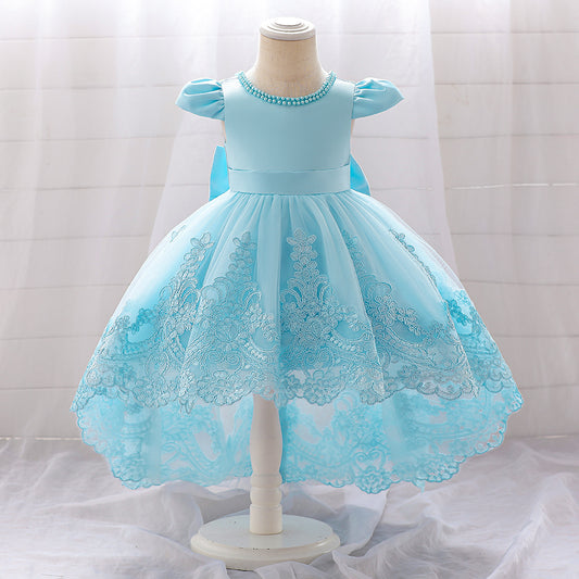 Princess Blue Satin Back Zip Baptism Lace Tea Length Short Sleeve Cap Sleeve Jewel Neck Flower Girl Dress