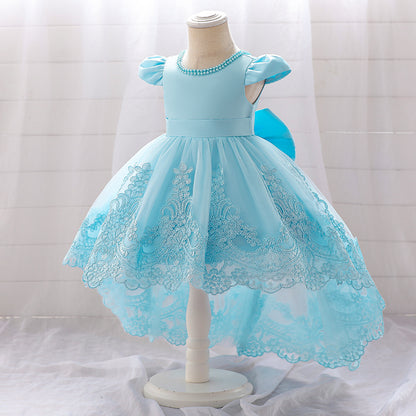 Princess Blue Satin Back Zip Baptism Lace Tea Length Short Sleeve Cap Sleeve Jewel Neck Flower Girl Dress