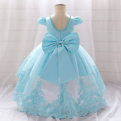Princess Blue Satin Back Zip Baptism Lace Tea Length Short Sleeve Cap Sleeve Jewel Neck Flower Girl Dress