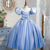 Princess Jewel Neck Floor Length Satin Flower Girl Dress in Blue