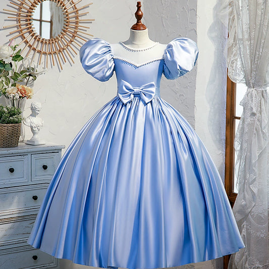 Princess Blue Satin Crossed Straps Baptism Beaded Floor Length Short Sleeve Puff Sleeve Jewel Neck Flower Girl Dress
