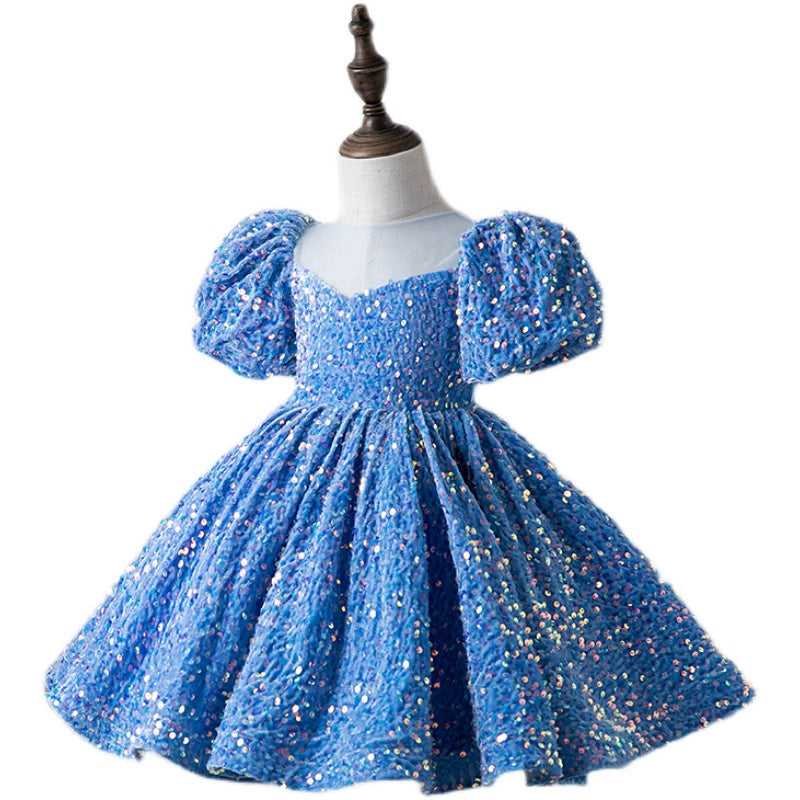 Princess Blue Sequined Back Zip Baptism Sequins Tea Length Short Sleeve Puff Sleeve Round Flower Girl Dress
