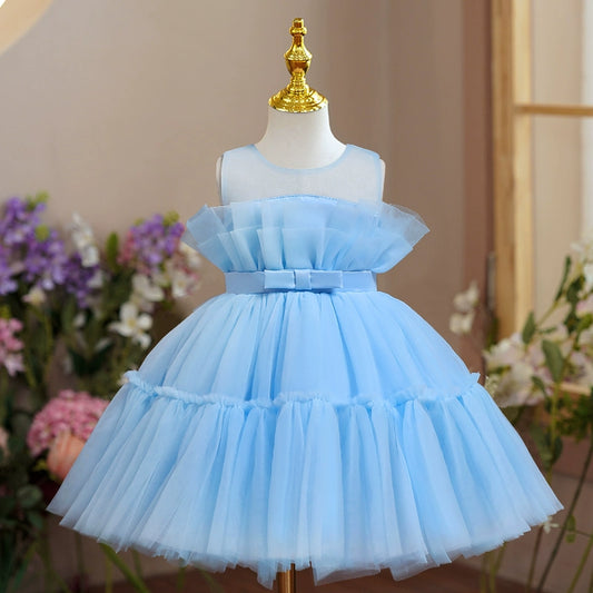 Princess Blue Tulle Back Zip Baptism Bow(s) Tea Length Sleeveless Round Flower Girl Dress