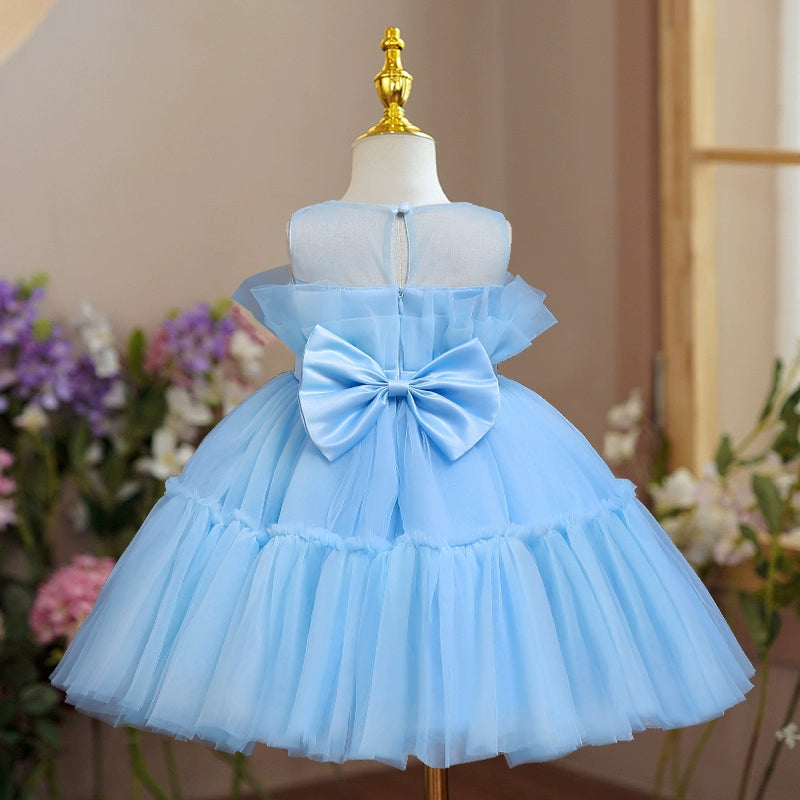 Princess Blue Tulle Back Zip Baptism Bow(s) Tea Length Sleeveless Round Flower Girl Dress