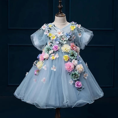 Princess Blue Tulle Back Zip Baptism Flower(s) Tea Length Short Sleeve Puff Sleeve V-Neck Flower Girl Dress
