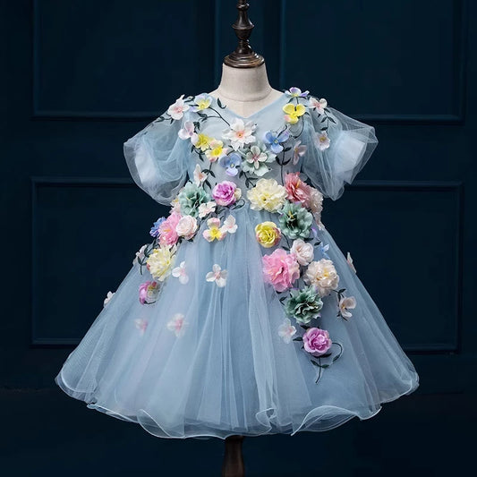 Princess Blue Tulle Back Zip Baptism Flower(s) Tea Length Short Sleeve Puff Sleeve V-Neck Flower Girl Dress
