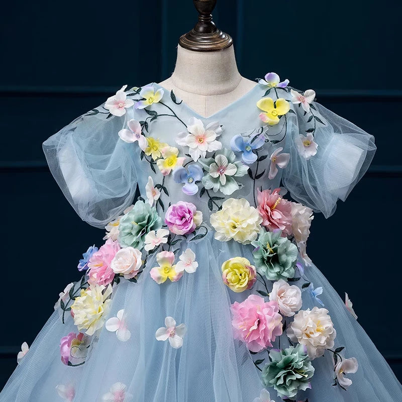 Princess Blue Tulle Back Zip Baptism Flower(s) Tea Length Short Sleeve Puff Sleeve V-Neck Flower Girl Dress