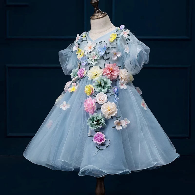Princess Blue Tulle Back Zip Baptism Flower(s) Tea Length Short Sleeve Puff Sleeve V-Neck Flower Girl Dress