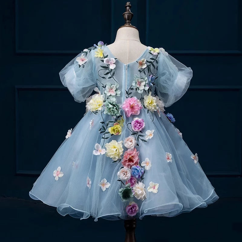 Princess Blue Tulle Back Zip Baptism Flower(s) Tea Length Short Sleeve Puff Sleeve V-Neck Flower Girl Dress
